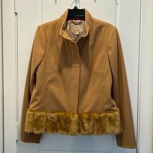 Banana Republic Tan Wool Blend, Faux Fur Winter Jacket NWT